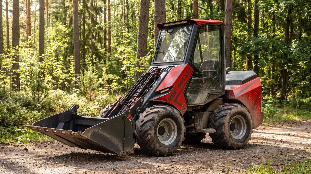 RED MAX на лесной дороге — кабина, колёса и погрузочный ковш