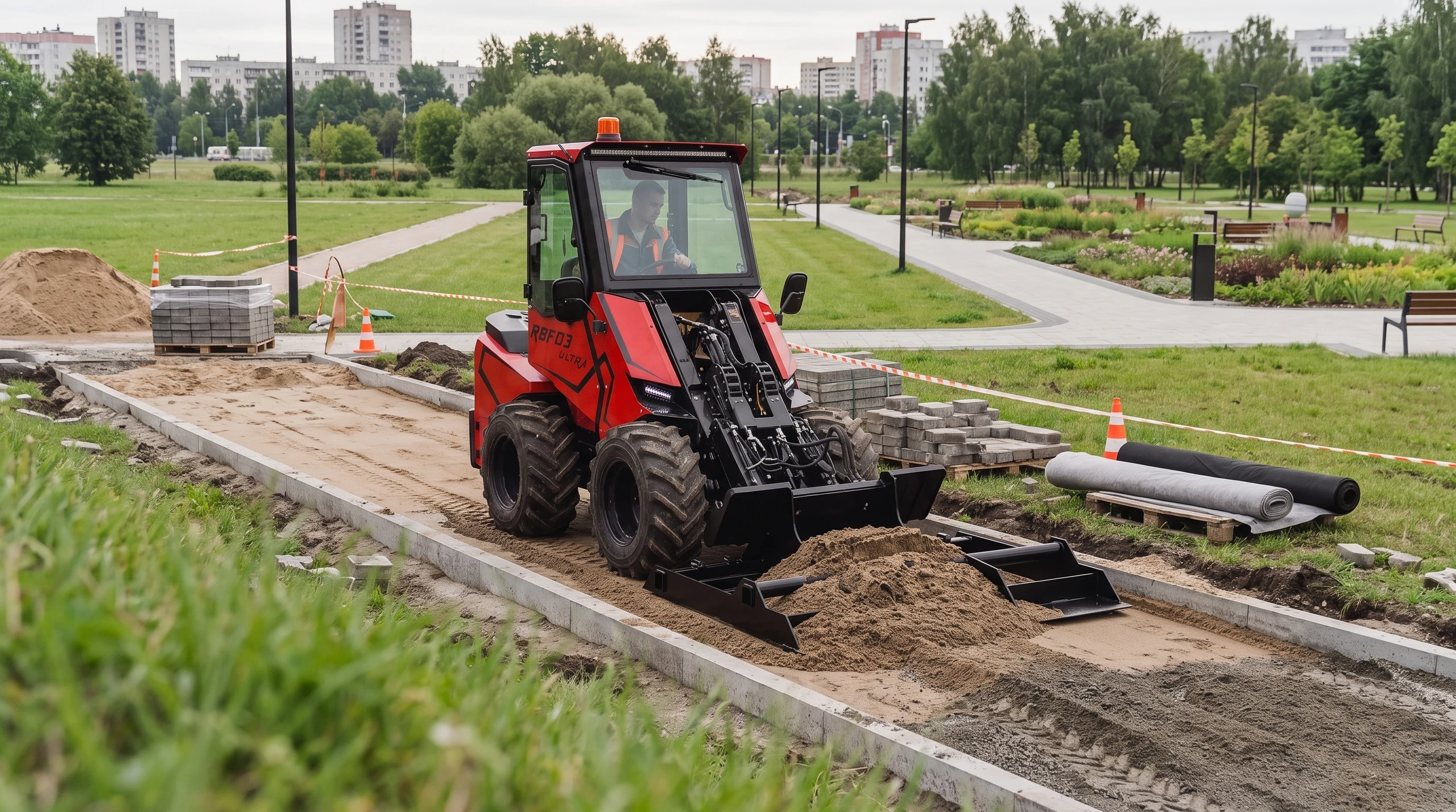 Погрузчик RED работает на объекте дорожного строительства